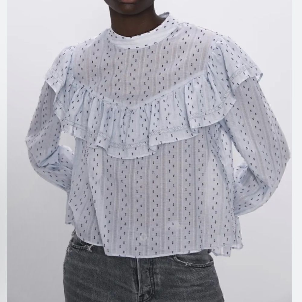 Zara blue textured Swiss dot mesh long sleeve ruffle blouse top M in Pastel Blue